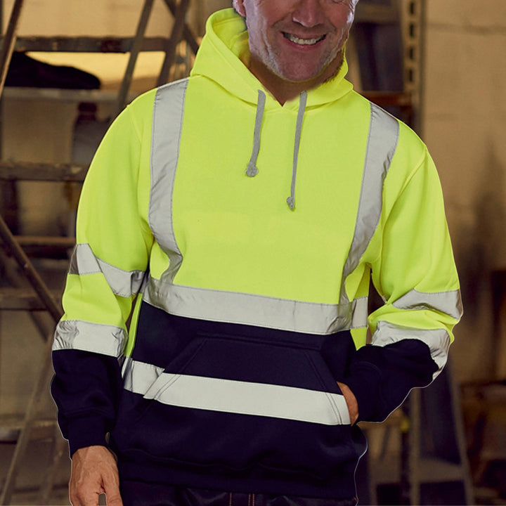 Herren reflektierende Sicherheits-Hoodie mit kontrastreichen Reflektorbändern, Kängurutasche und verstellbarer Kapuze Drune