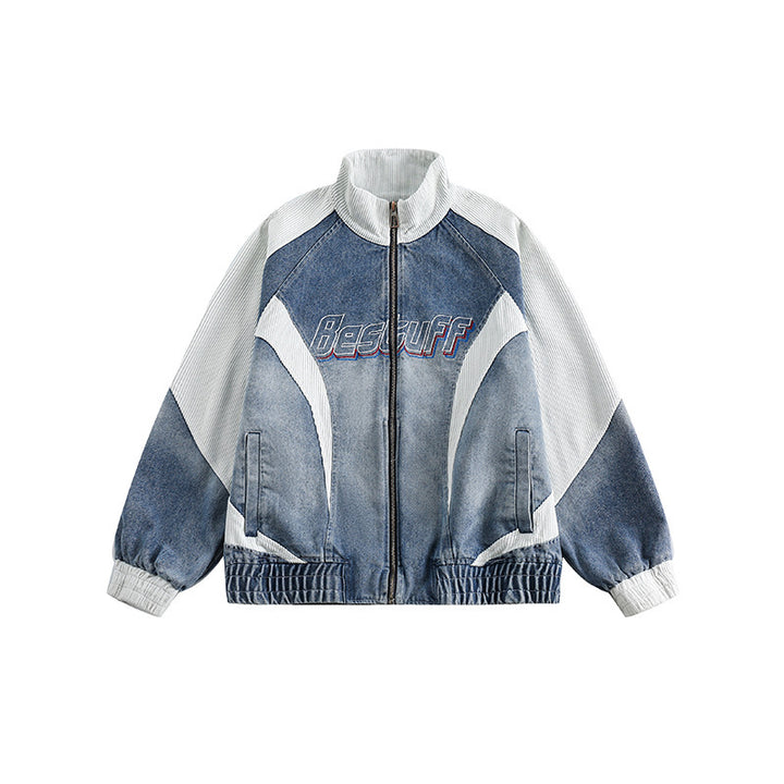 Unisex Boxy-Jeansjacke im Patchwork-Look mit Stehkragen und Reißverschluss Drune