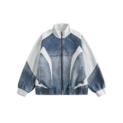 Unisex Boxy-Jeansjacke im Patchwork-Look mit Stehkragen und Reißverschluss Drune