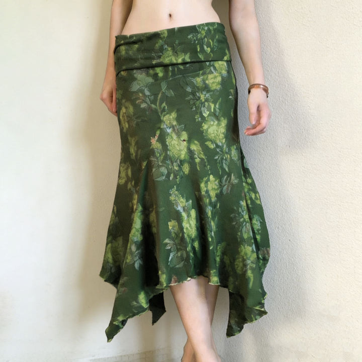 Damen asymmetrischer Maxi-Rock mit floralen Akzenten und elastischem Bund Drune