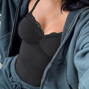 Damen Spitzen-Oberteil mit Rüschendetails und verstellbaren Spaghettiträgern Drune