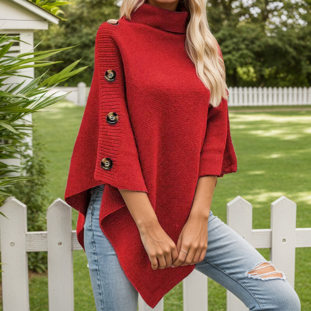 Damen nan asymmetrischer Strickponcho mit Rollkragen und dekorativer Knopfleiste Drune
