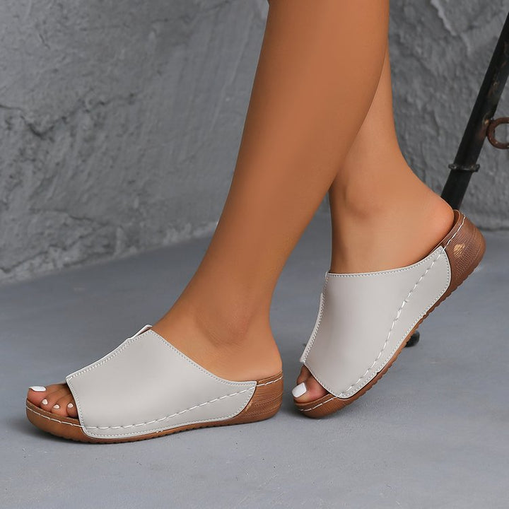 Damen Offene Komfort‑Mules mit gepolstertem Fußbett und Korkoptik‑Plateau Drune