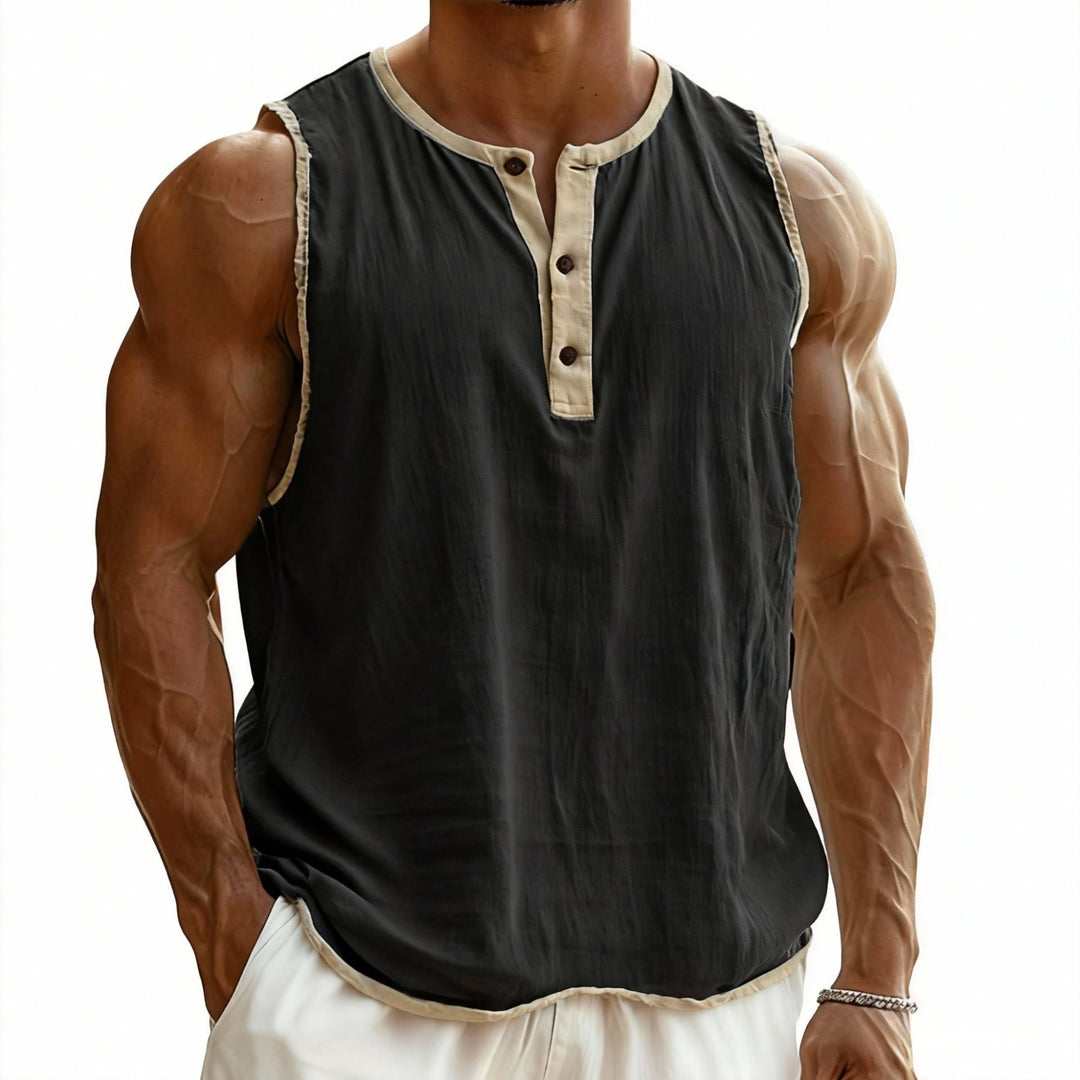 Herren nan ärmelloses Henley-Muskelshirt mit Knopfleiste und kontrastierter Einfassung Drune