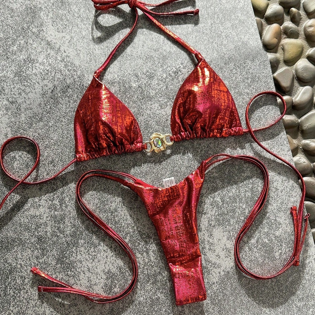 Damen Glänzender Triangel-Bikini mit Schmuckdetail Drune