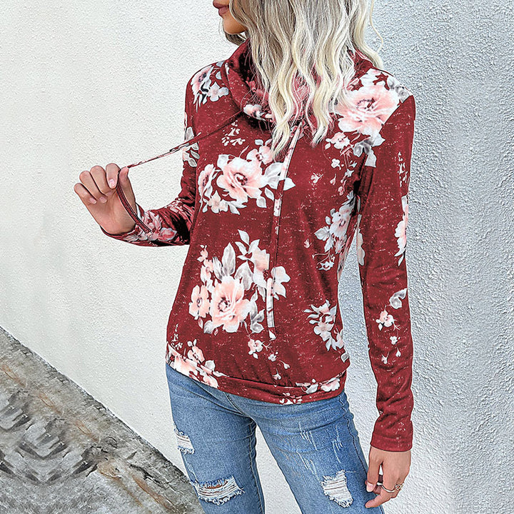 Damen Floraler Leichter Kapuzenpullover mit Wasserfallkragen und Tunnelzug Drune