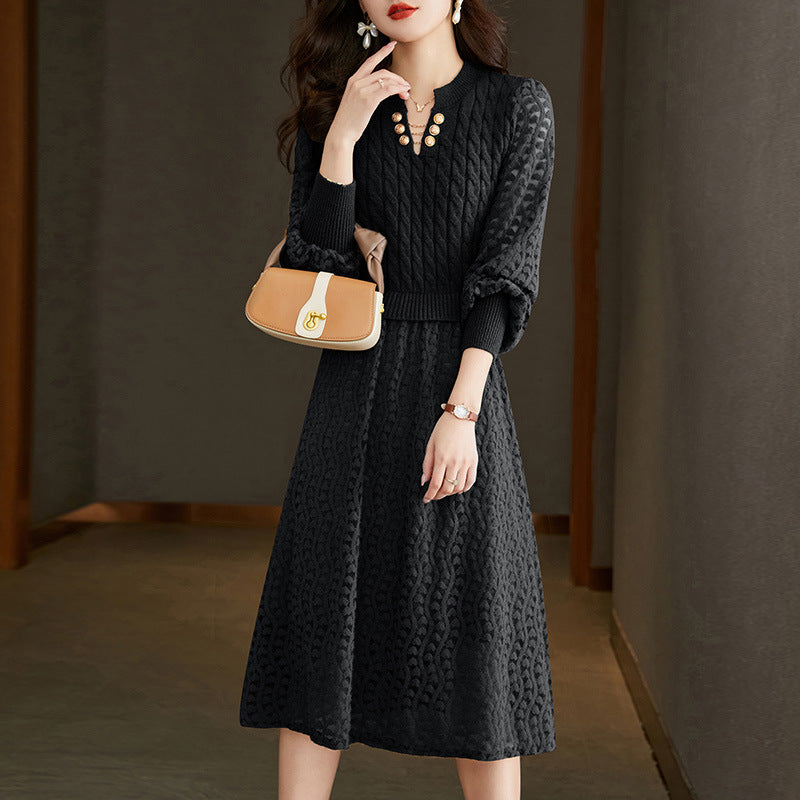 Damen Strickkleid mit strukturiertem Oberteil und eleganter Rockpartie Drune