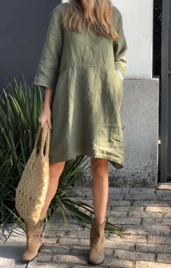 Damen lässiges Leinenkleid mit praktischen Taschen und asymmetrischem Saum Drune