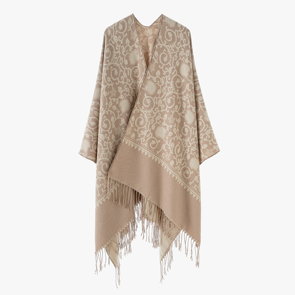 Damen Jacquard-Ruana mit ornamentalem Bordürenmuster und Fransensaum Drune