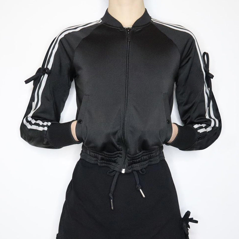 Damen nan sportive Zip-Jacke im Bomberstil mit seitlichen Streifen, Ärmel-Bindebändern und Kordelbund Drune