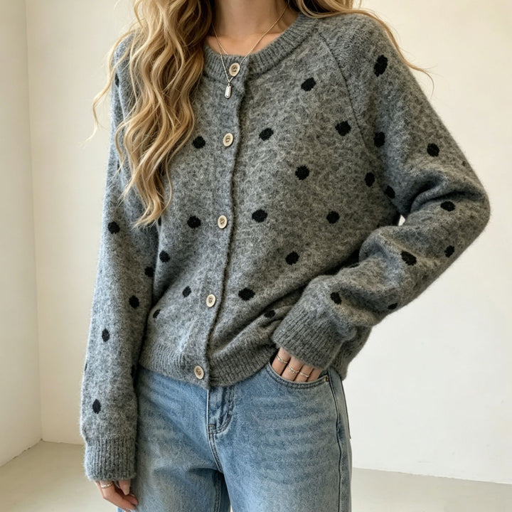 Damen Gepunkteter Mohair‑Optik Button‑Cardigan mit Rundhalsausschnitt Drune