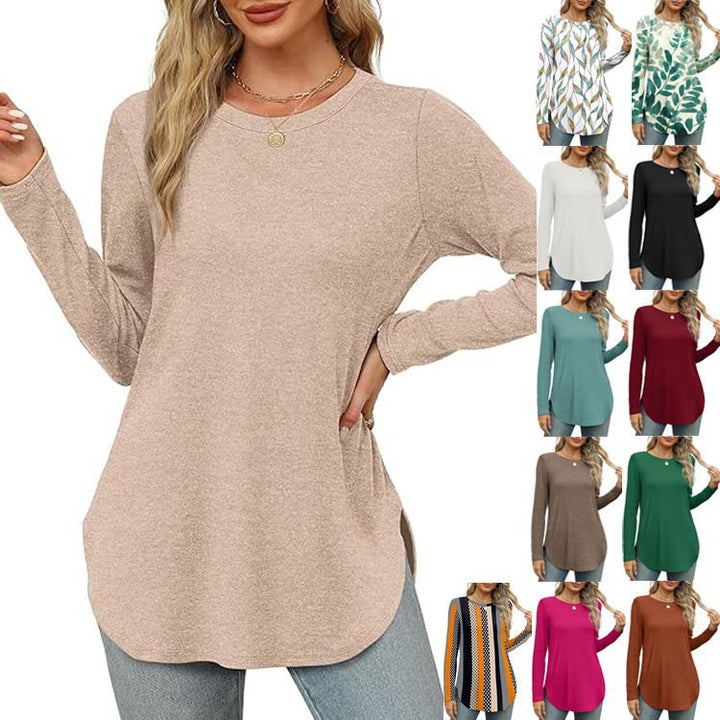 Damen Lässiges Longsleeve-Tunikaoberteil mit Rundhalsausschnitt, Seitenschlitzen und Aquarell-Blattprint Drune