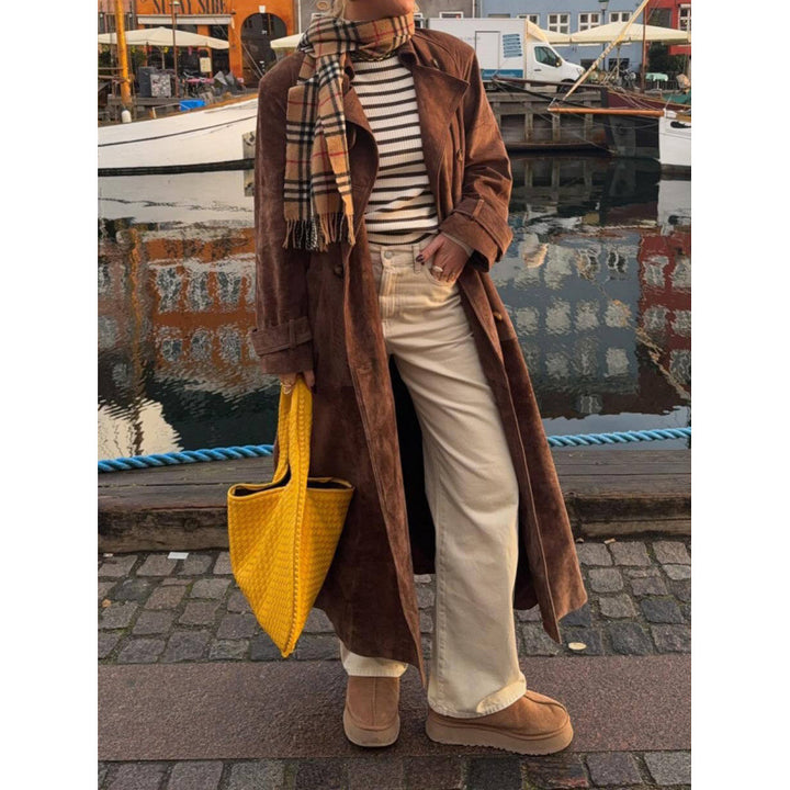 Damen eleganter Long-Trenchcoat aus hochwertigem Wildleder Drune