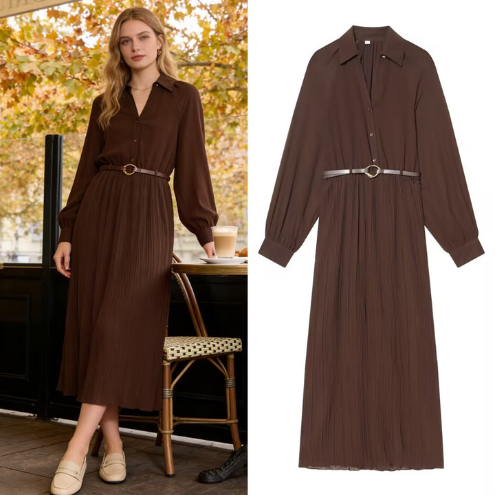 Damen Plissiertes Hemdkleid mit Ballonärmeln, verdeckter Knopfleiste und Taillengürtel Drune