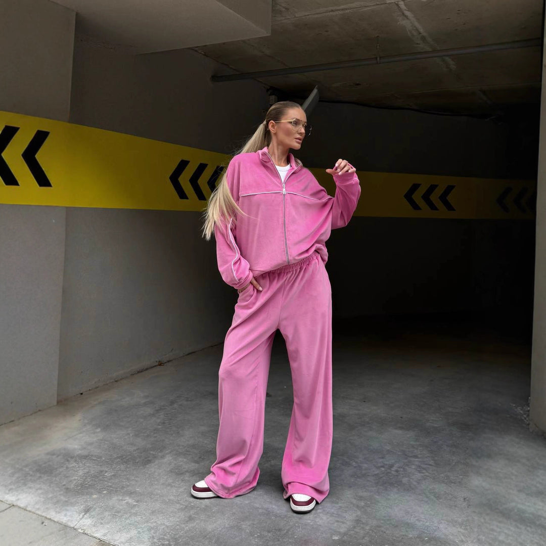 Damen sportive Oversize-Fleecejacke mit diagonaler Reißverschluss-Optik und weit geschnittener High-Waist-Jogginghose Drune