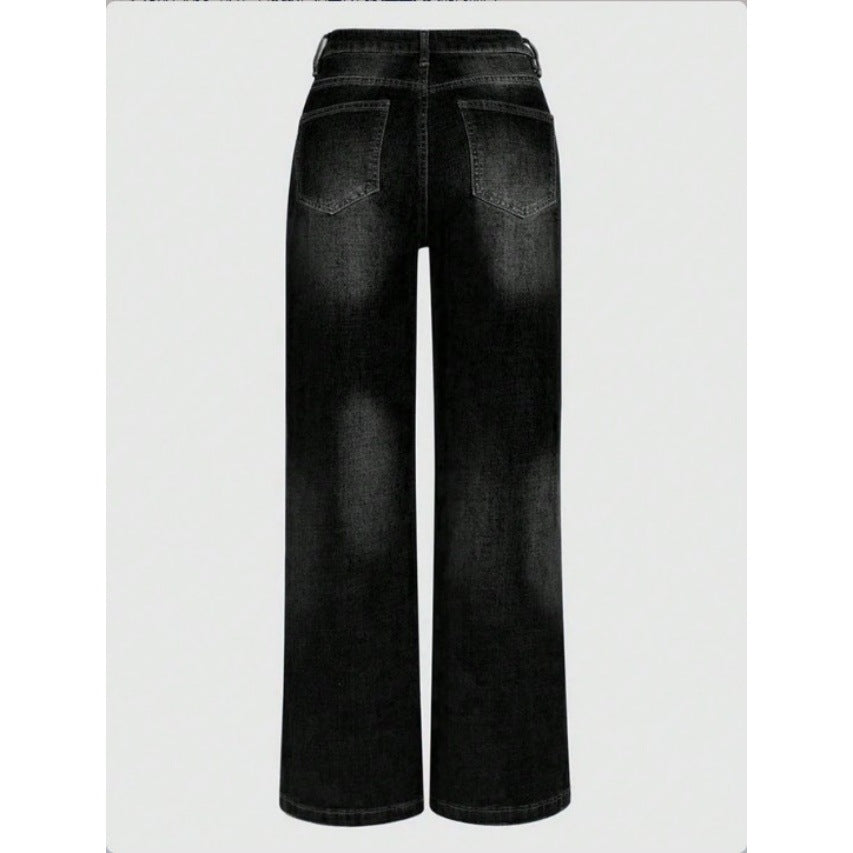 Damen Weite Vintage-Jeanshose mit hoher Taille und Used‑Waschung Drune