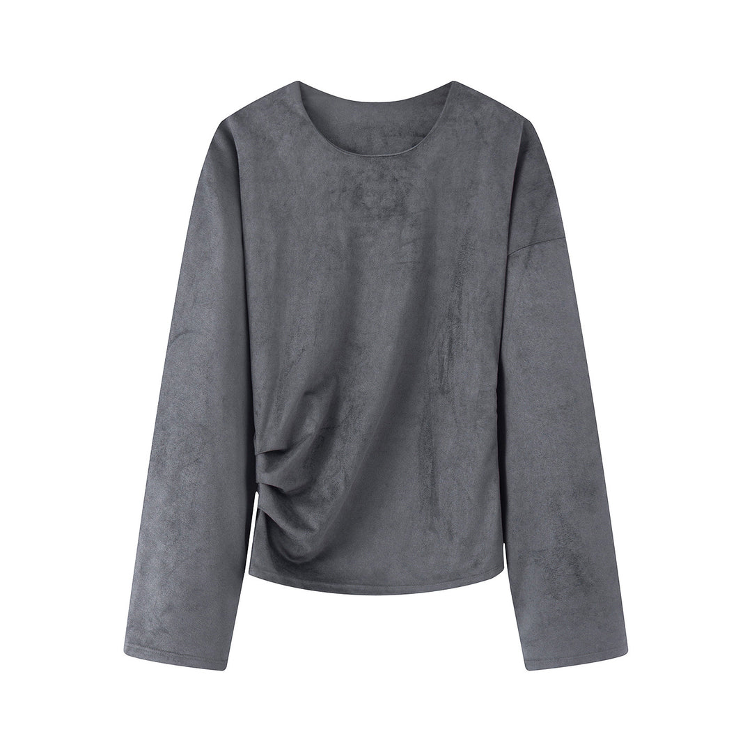 Damen nan Oversize-Langarmshirt mit seitlicher Drapierung und samtiger Wildlederoptik Drune