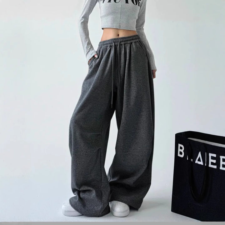 Damen weit geschnittene High-Waist Loungehose mit elastischem Bund, Tunnelzug und seitlichen Eingrifftaschen Drune