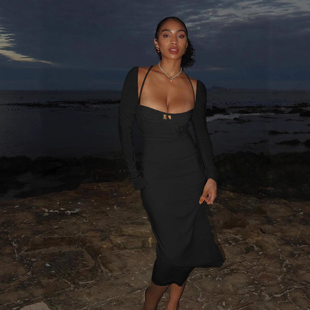 Damen Elegantes Figurbetontes Kleid mit schmalen Trägern und Flügelärmeln Drune