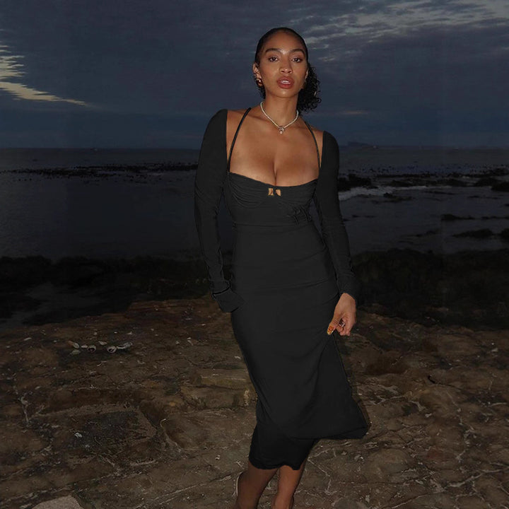 Damen Elegantes Figurbetontes Kleid mit schmalen Trägern und Flügelärmeln Drune