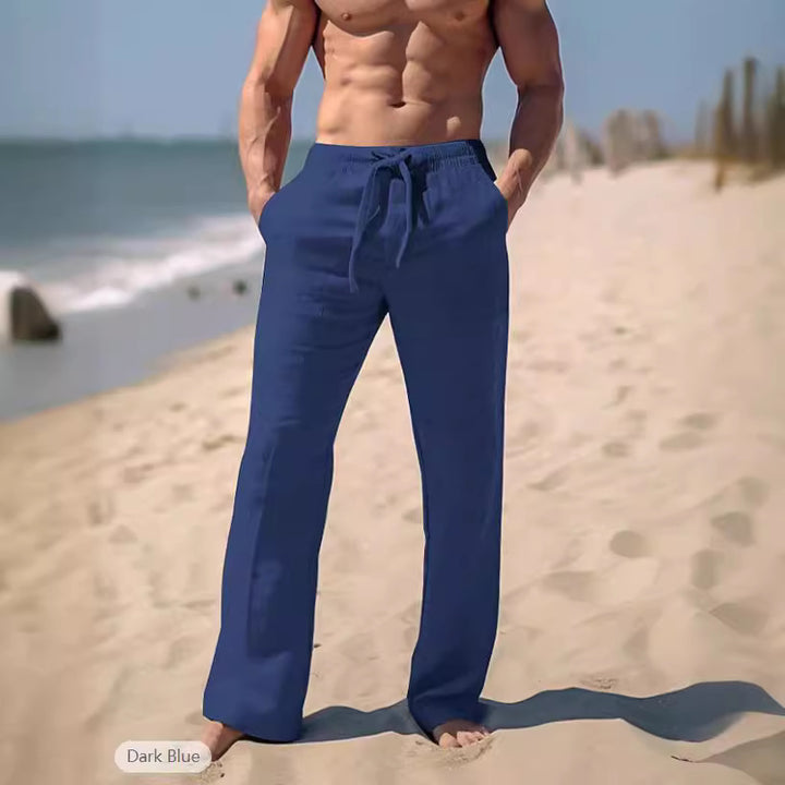 Herren weite Resort-Freizeithose im Palazzo-Stil aus Leinenmix mit Tunnelzug und seitlichen Eingrifftaschen Drune