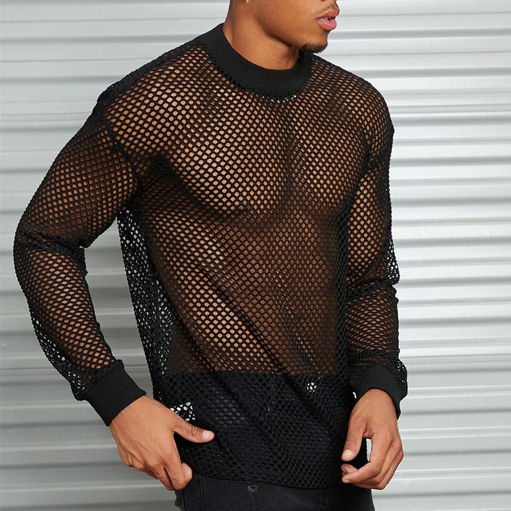 Herren nan transparentes Netz-Langarmshirt mit Rundhals und gerippten Bündchen Drune