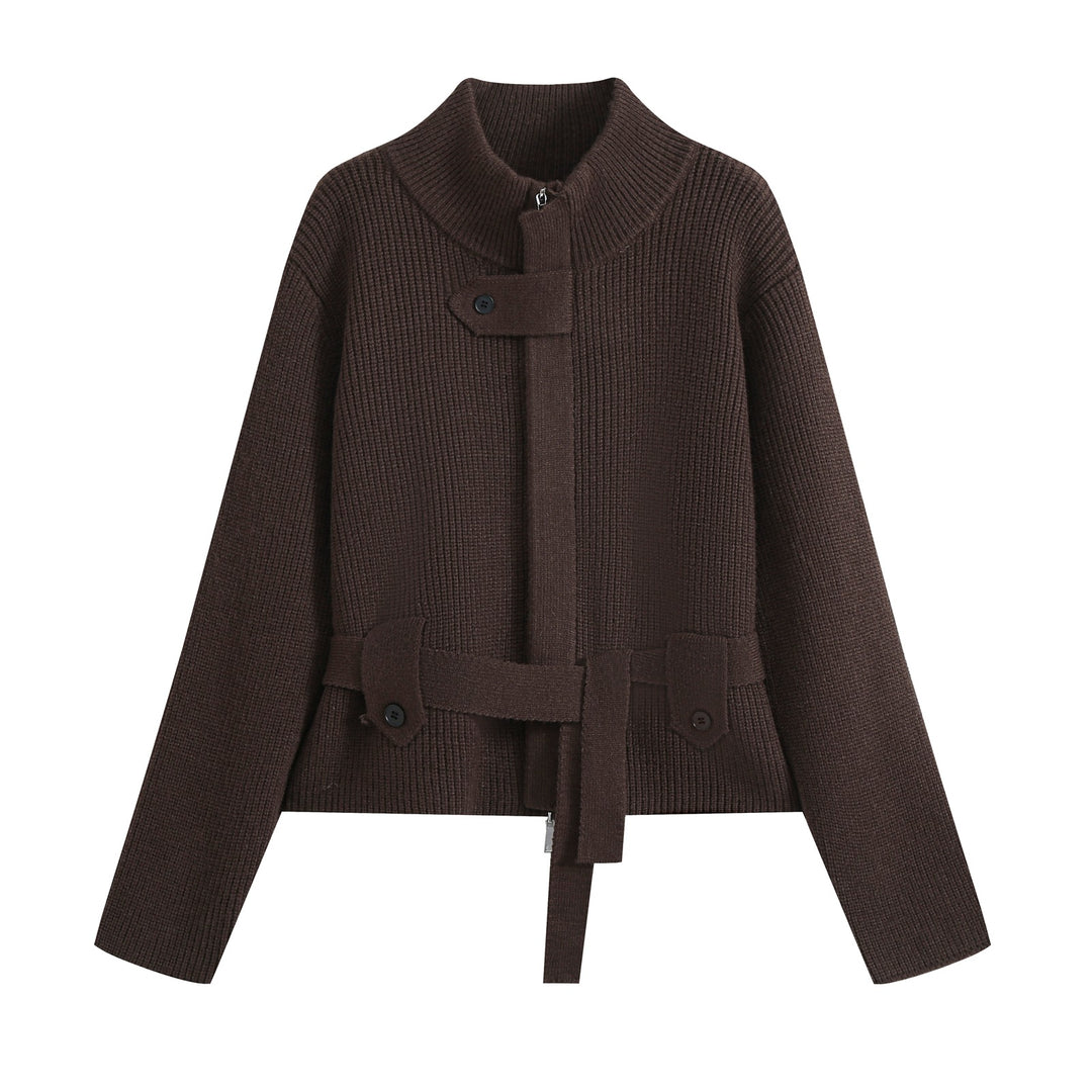 Damen Kurze Strickjacke im Blousonstil mit Stehkragen und Bindegürtel Drune