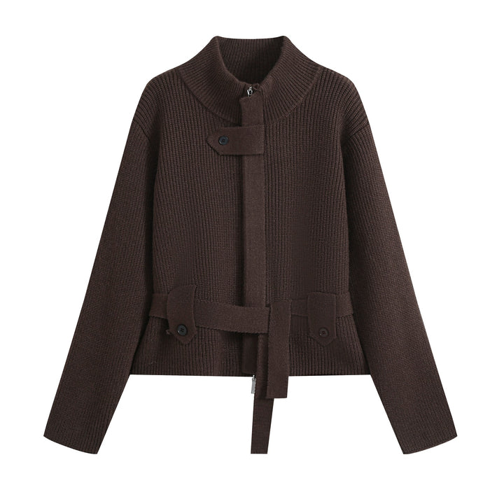Damen Kurze Strickjacke im Blousonstil mit Stehkragen und Bindegürtel Drune