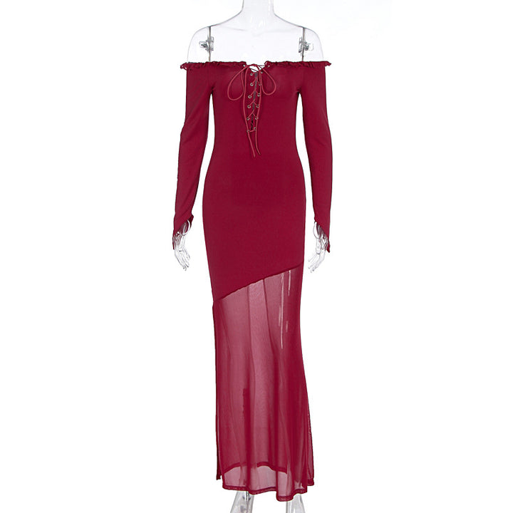 Damen figurbetontes Maxikleid mit Off-Shoulder Design und transparentem Rock Drune