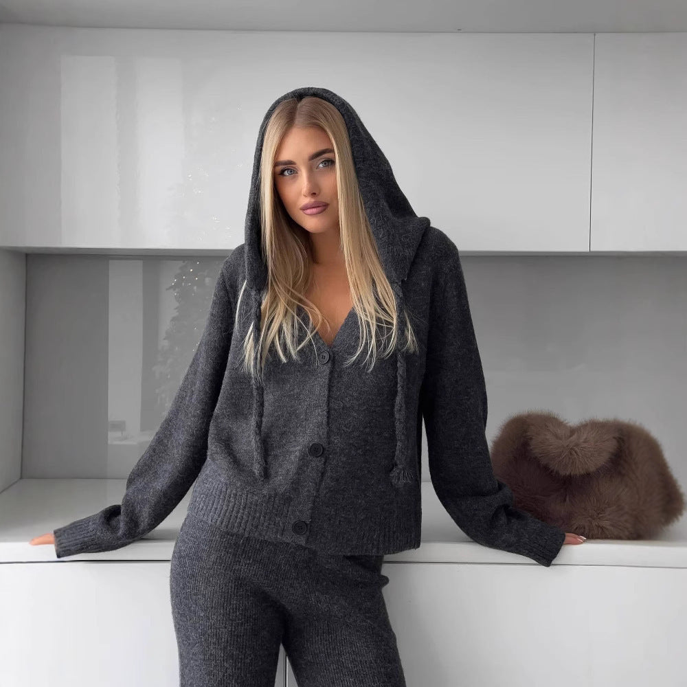 Damen kuscheliges Feinstrick-Cardigan-Set mit V-Ausschnitt und hochgeschnittener Schlaghose Drune