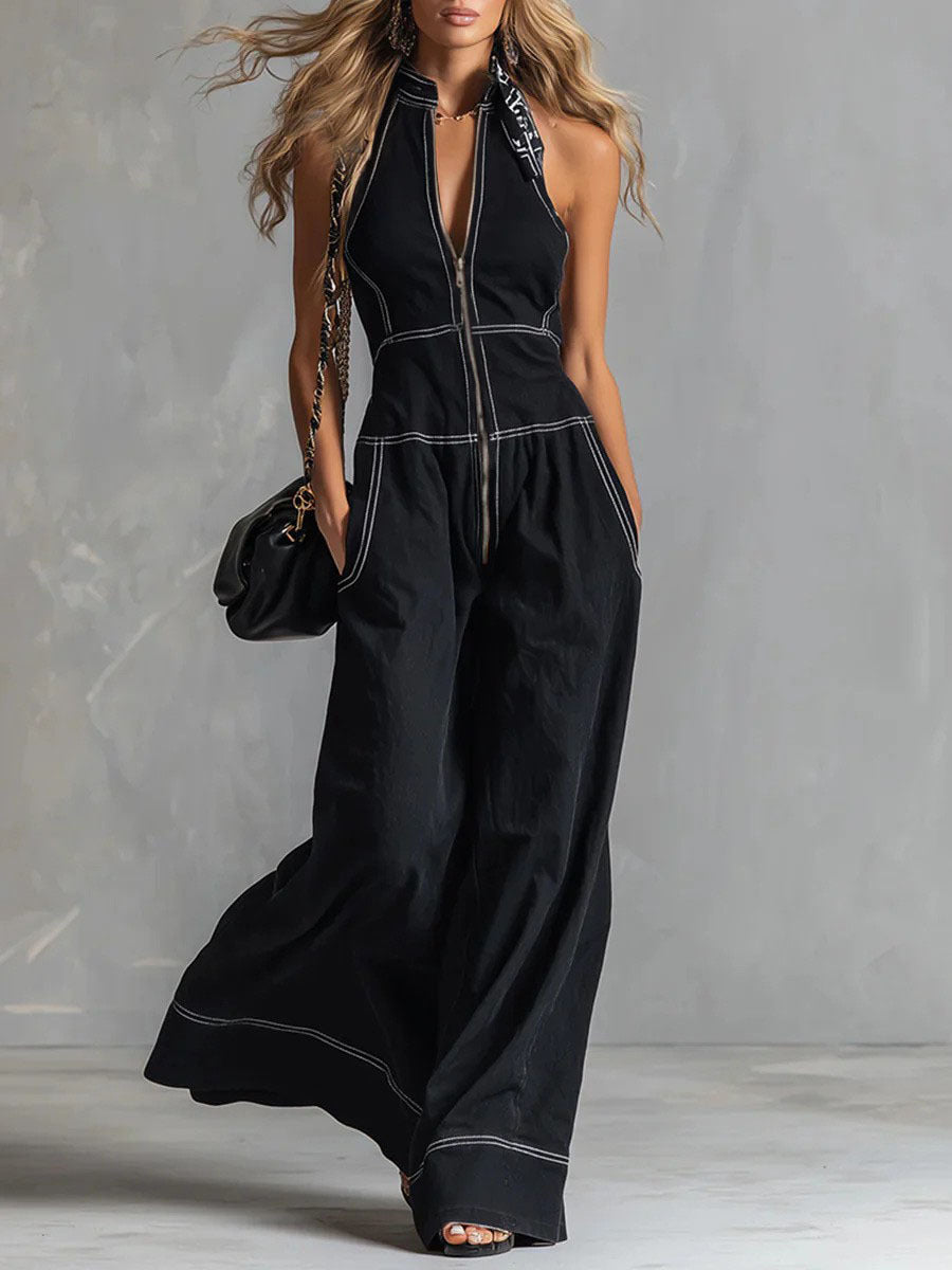 Damen Ärmelloser Halter-Jumpsuit mit Reißverschluss, weitem Bein und Eingrifftaschen Drune