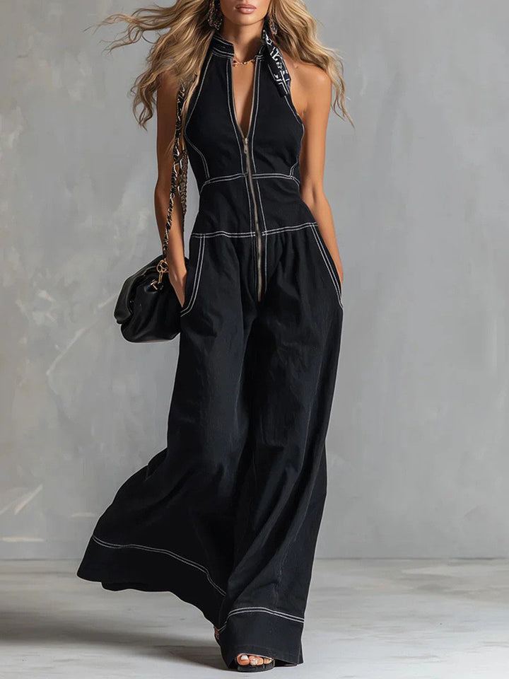 Damen Ärmelloser Halter-Jumpsuit mit Reißverschluss, weitem Bein und Eingrifftaschen Drune