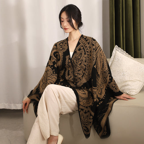 Damen Jacquard-Wollcape mit Paisley-Muster und offenem Überwurf Drune