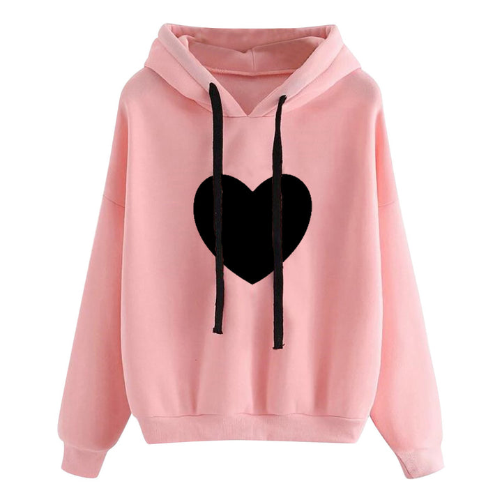 Damen nan leichter Oversize Kapuzenpullover mit Herz‑EKG‑Motiv, langen Kordeln und elastischem Bund Drune