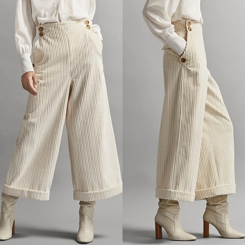 Damen weite Cordhose mit dekorativen Knöpfen Drune