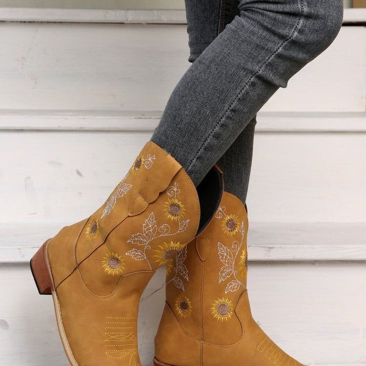 Damen Western-Stiefel mit bestickten Sonnenblumen und komfortablem Blockabsatz Drune