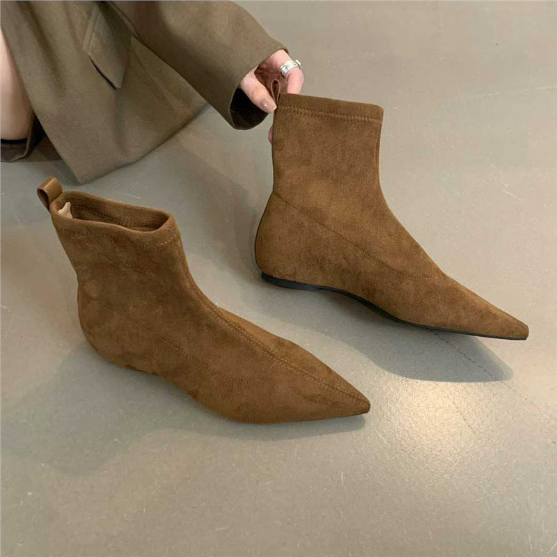 Damen spitz zulaufende Sock‑Stiefeletten aus Velourslederoptik mit engem Schaft Drune