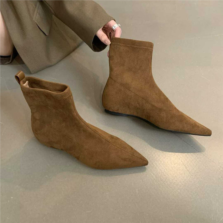 Damen spitz zulaufende Sock‑Stiefeletten aus Velourslederoptik mit engem Schaft Drune