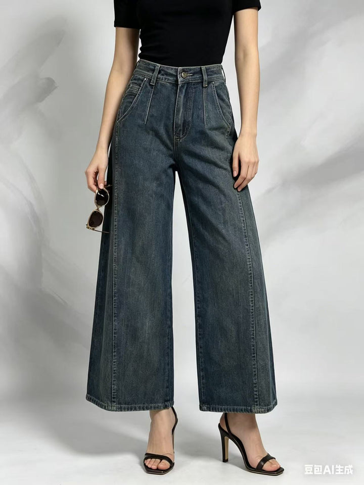 Damen nan hohe Taille Plissée Wide-Leg-Denimhose mit verkürztem Bein und dekorativen Vorderfalten Drune