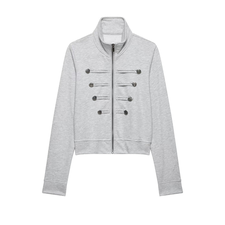Damen Cropped-Sweatjacke mit Stehkragen und dekorativer Zierknopfleiste Drune