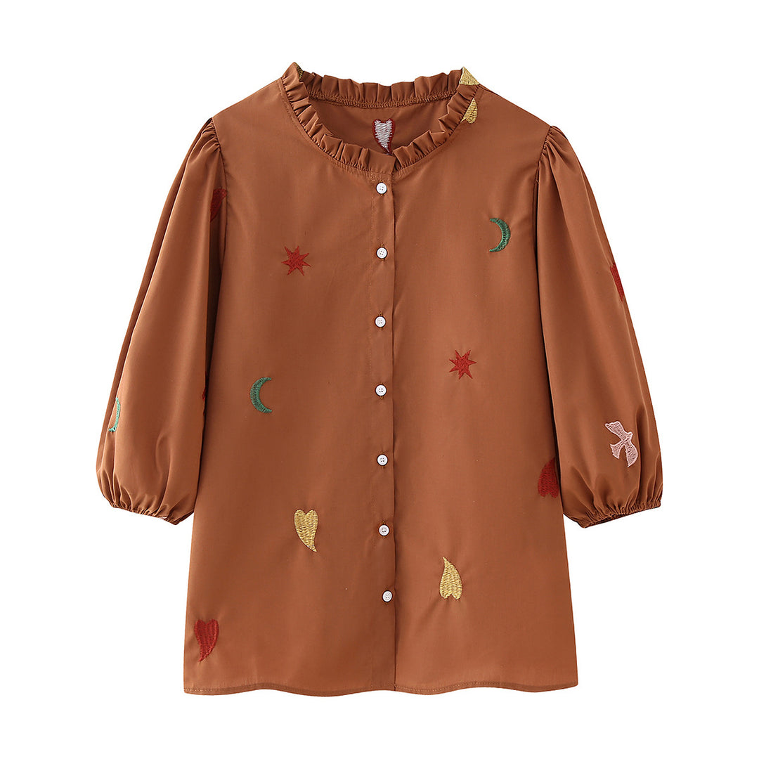 Damen nan bestickte Tunika-Bluse mit Rüschenkragen, durchgehender Knopfleiste und Ballonärmeln Drune