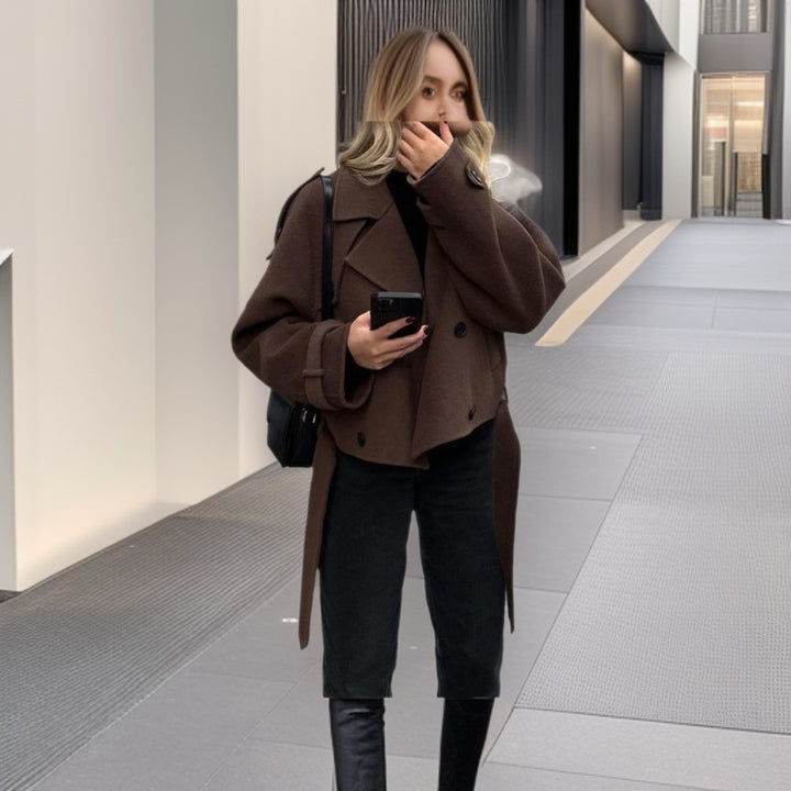 Damen Kurz geschnittener Oversize-Wollmix-Peacoat mit weitem Revers und Bindegürtel Drune