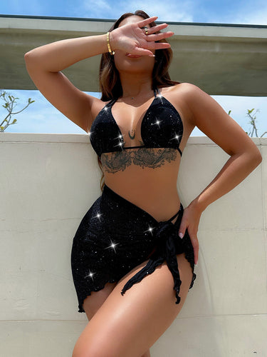 Damen Glamouröser Bade-Bikini mit glitzerndem Oberteil und verspieltem Wickelrock Drune