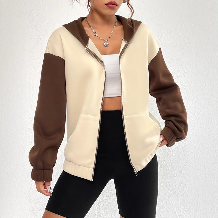 Damen lässige Sweatjacke mit kontrastierenden Ärmeln und Kapuze Drune
