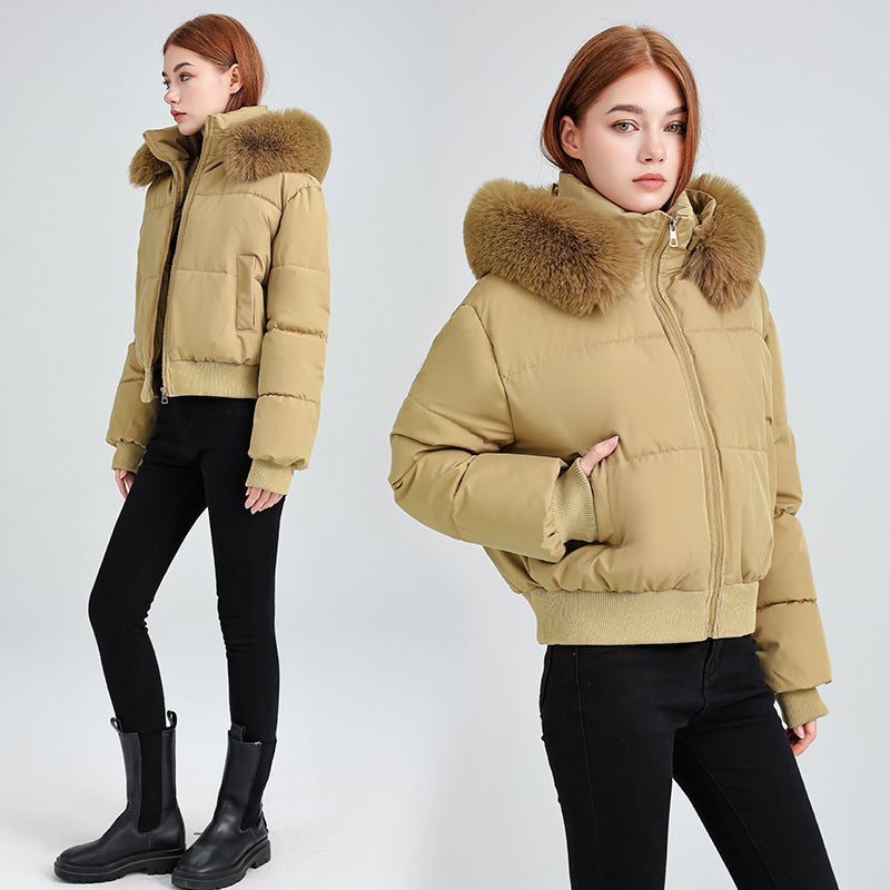 Damen Kurz-Bomber-Steppjacke mit abnehmbarem Plüschkragen und geripptem Saum Drune