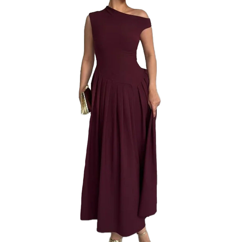 Damen Elegantes One-Shoulder Maxikleid mit Faltenwurf und fließendem Rock Drune