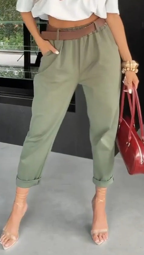 Damen nan hochtaillierte Paperbag-Hose mit gerafftem Bund, Eingrifftaschen und gekrempeltem Saum Drune