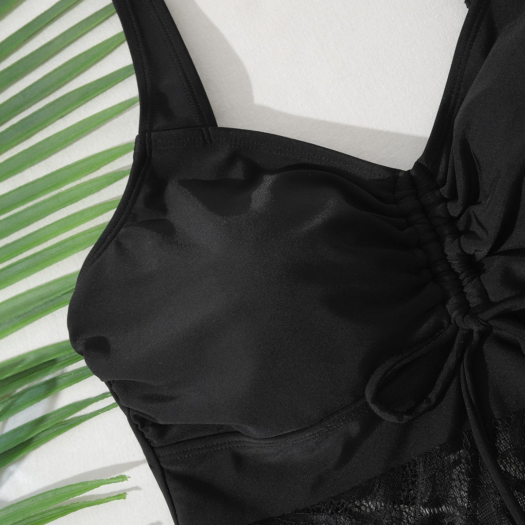 Damen Freizeit Badekleid mit oberem Raffungseffekt und transparenter Netzoptik Drune