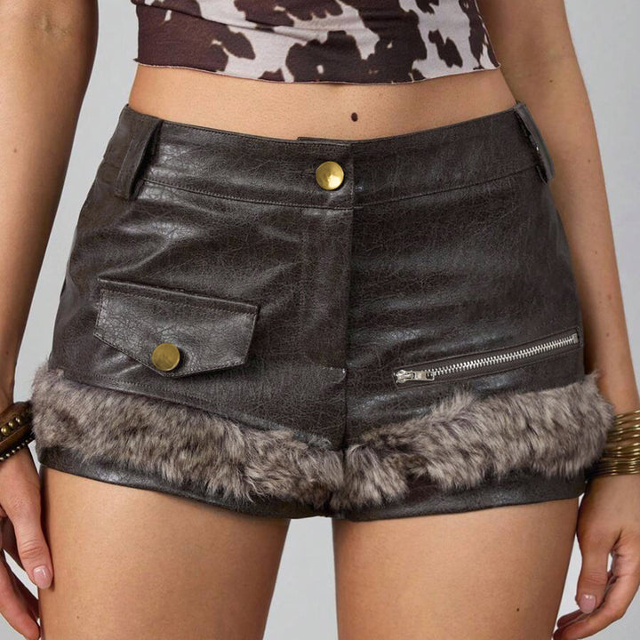 Damen Leder-Shorts mit Kunstfellbesatz Drune