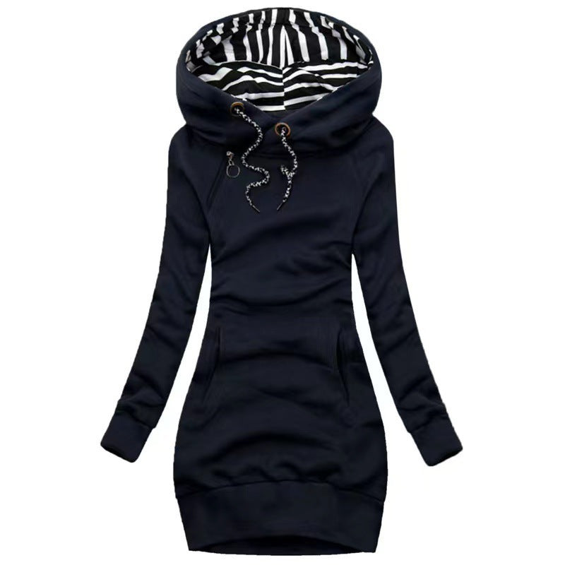 Damen Hoodie-Midi-Kleid mit weitem Funnel-Neck, gestreifter Innenseite und Kängurutaschen Drune